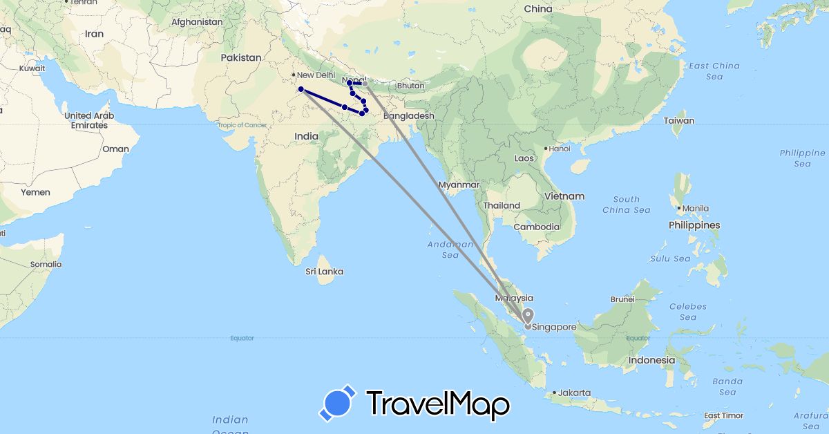 TravelMap itinerary: driving, plane in India, Nepal, Singapore (Asia)